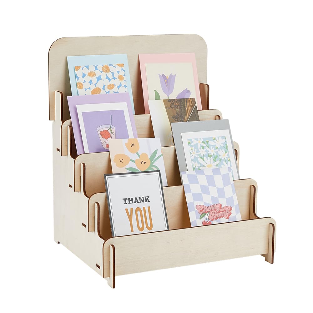 SUPERFINDINGS 4-Tier Wooden Greeting Card Display Stand Sticker Display Stand Vendors Postcard Organizer Retail Display Racks Multipurpose Brochure