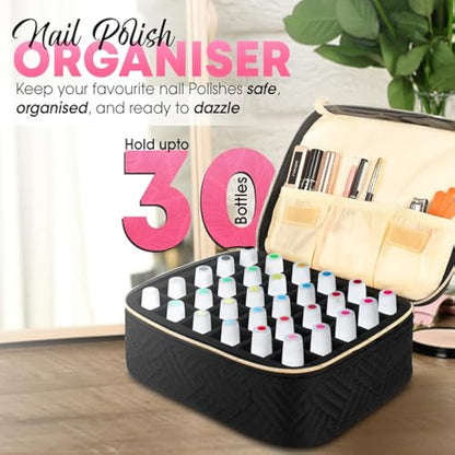 OBSESSIONS BY NYDA Nail Polish Organiser Bag, Perfect Storage for 30 Bottles, Travel Storage Carry Case for Nail Polish and Accessories Fitted with Removable Foam Holder – Black
