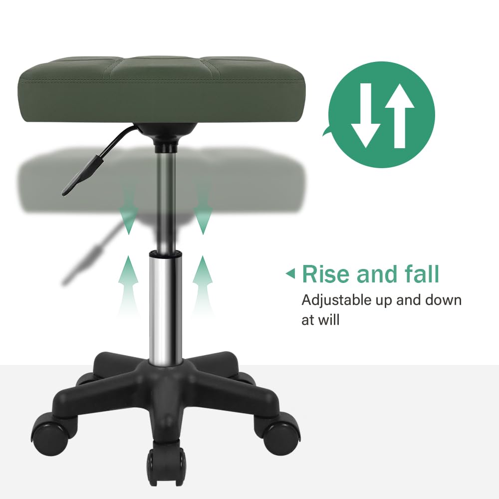 FURWOO Rectangle Rolling Stool with Wheels Swivel Stool Chair for Salon Massage Home Kitchen Green