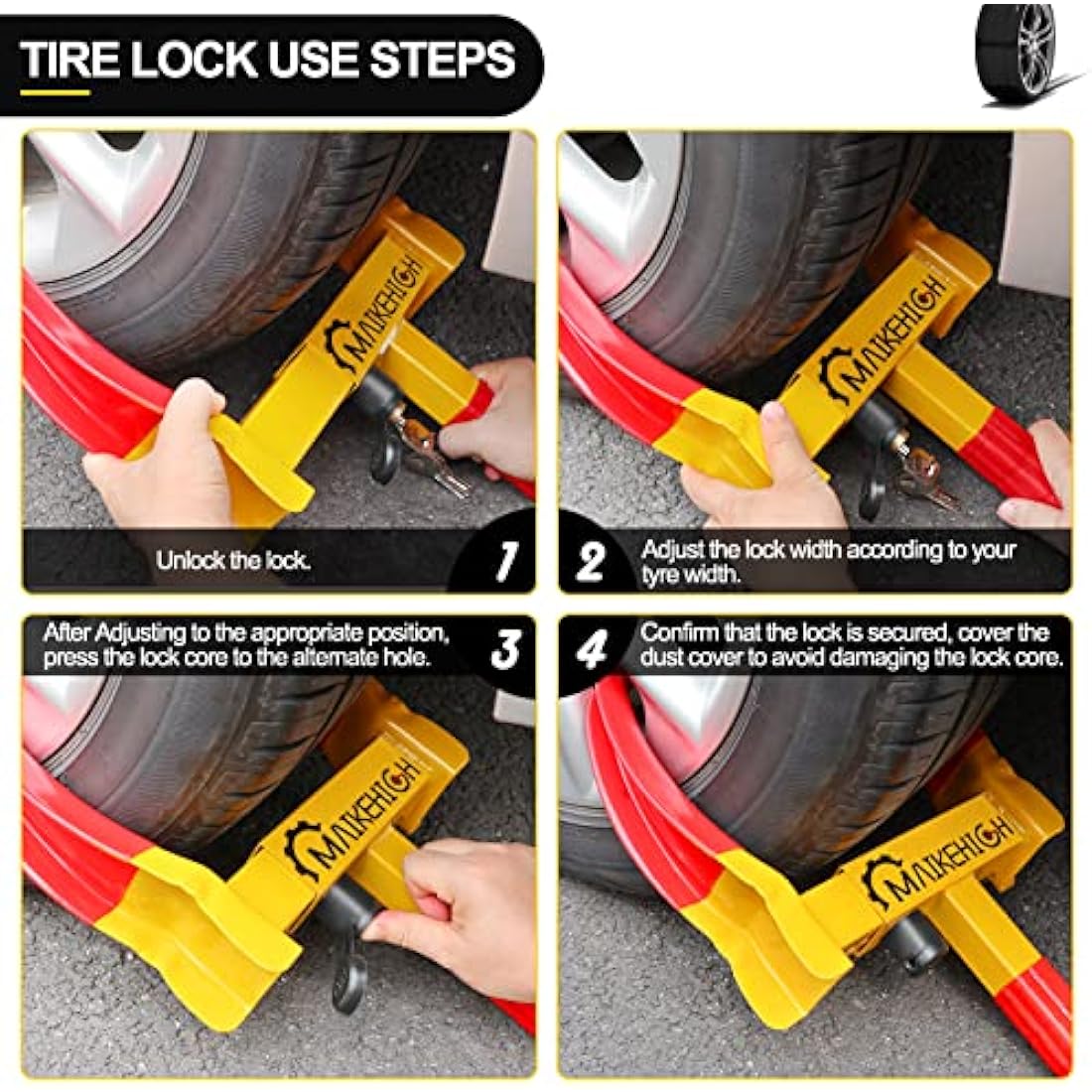MAIKEHIGH Wheel Clamp, Heavy Duty Wheel Clamp Lock Universal Anti-Theft Locking for Cars, Caravans, Trailers, Van, Adjustable Nine-Hole with 3 Keys