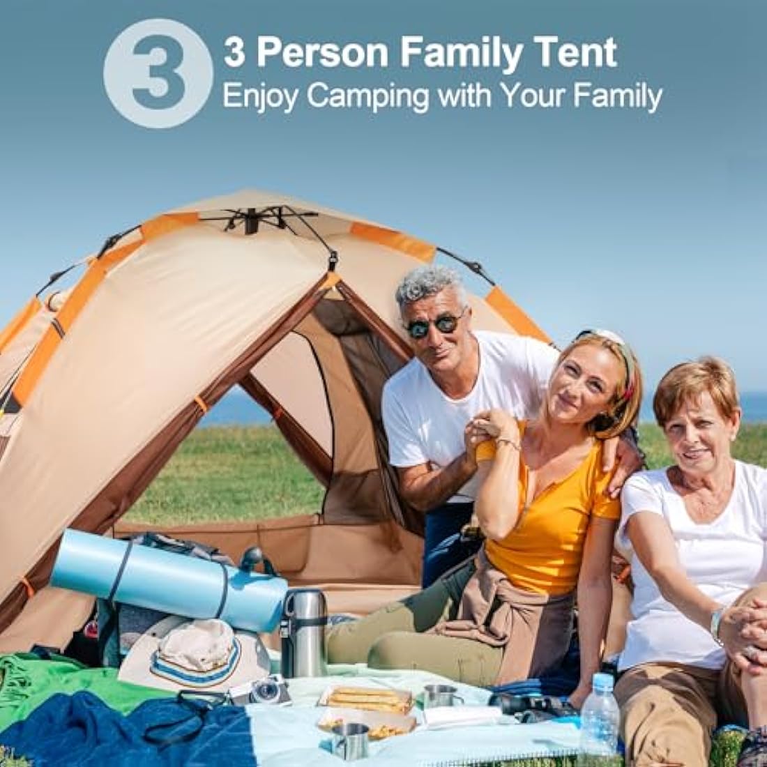 BETENST Camping Tent, Pop up Tent 3 Person Family Dome Tent Waterproof Windproof with 2 Mesh Doors, 2 Mesh Windows, Roof Skylights, 2 in 1 Double Layers, Storage Bag for Camping Hiking Backpacking