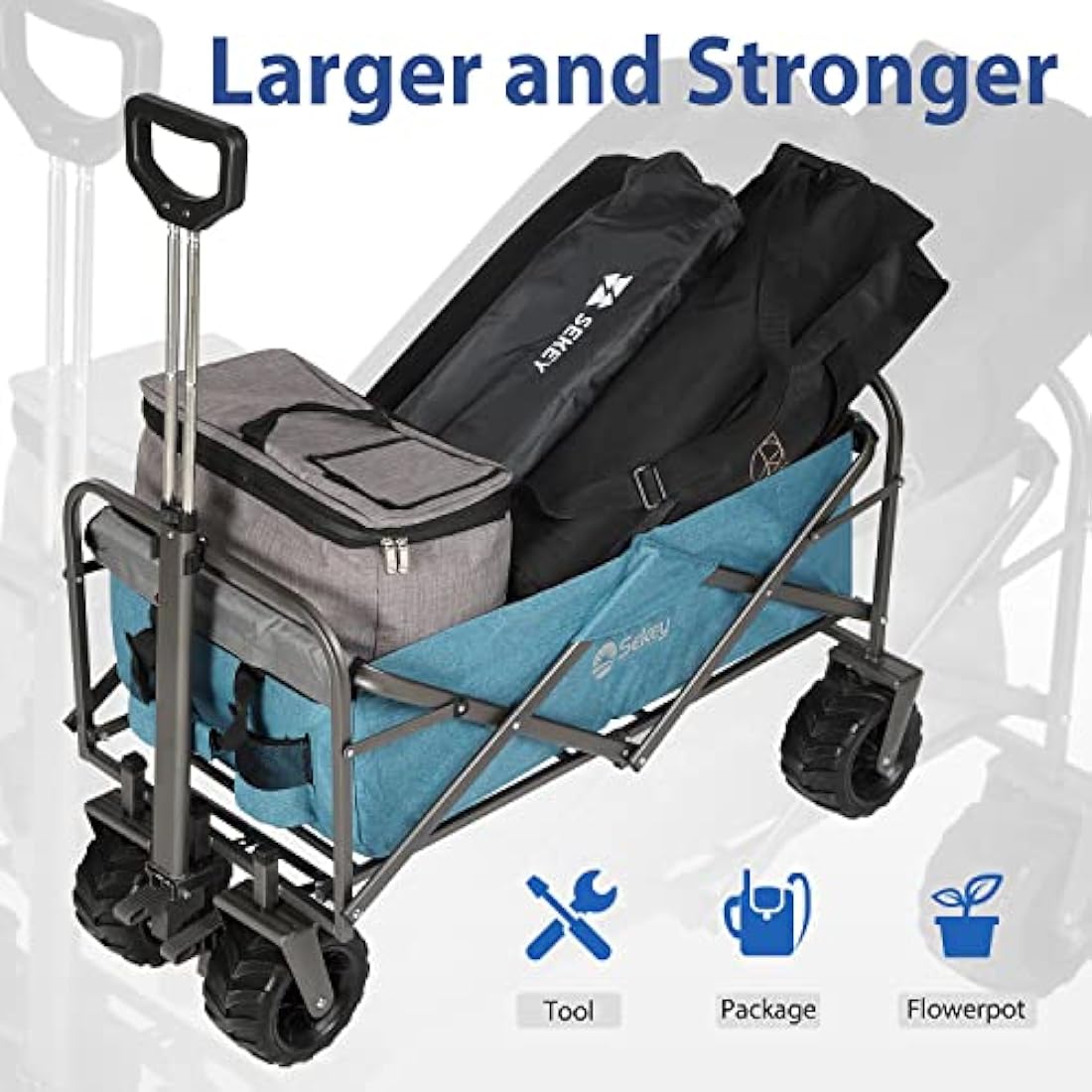 Sekey Folding Festival Trolley with Wide All-Terrain Wheels, 440LB Large Load Capacity, Heavy-Duty Camping Wagon with Brake, Sturdy Beach Garden Cart, Adjustable Handles & Drink Holders, Light Blue