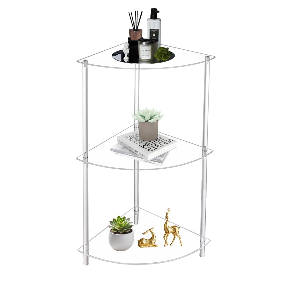 AHANDMAKER Clear Acrylic Corner Table 11.61in L x 11.61in W x 25.59" H Fan Shape Modern Side Table Lightweight Shelf Organizer for Living Room