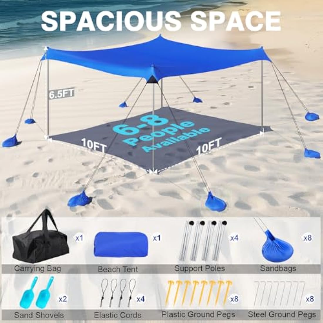 Rhino Valley Beach Tent, 6-8 Person with UV 50+ Sun Protection, Portable Beach Shade Shelter, Large Family Canopy Outdoor Tent for Camping, Fishing, Picnic, Garden