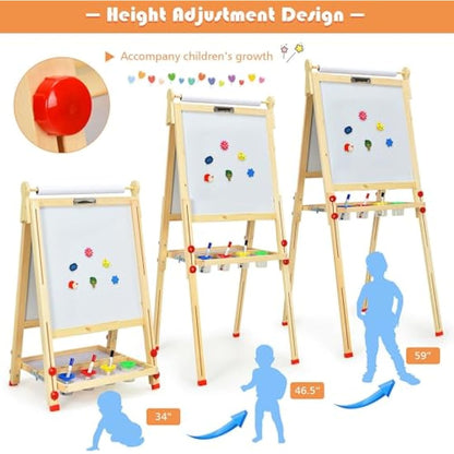 EAQ Kids Easel,Height Adjustable Wooden Art Easel,Whiteboard Chalkboard with Paper Roll Holder, Chalk Board for Kids,Best Birthday Gift for Kids (Wood)