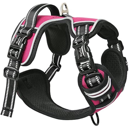 HEELE No Pull Dog Harness, Release on Neck, Reflective Adjustable with Front Back 2 Leash Attachments and Soft Padded Control Handle for Small Medium Large Dogs, Fuchsia, M