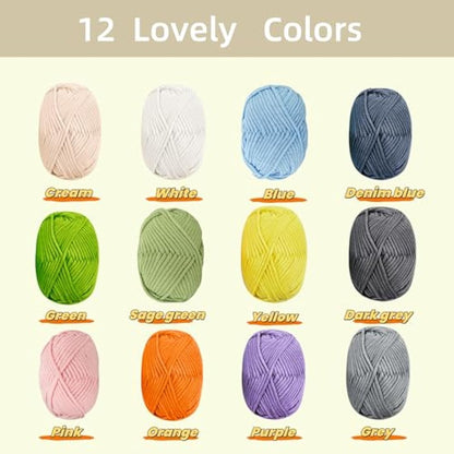 Chunky Cotton Yarn for Crochet, 12x50g Thick Wool for Amigurumi, Easy Crochet Starter Kit with 4mm Hook, Green