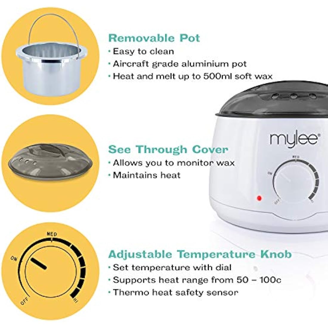 Mylee Professional Wax Heater Warmer with Handle Pot 500ml for Paraffin, Soft & Crème Wax, Salon Quality Hair Removal, Depilatory Waxing Melter, Adjustable Temperature