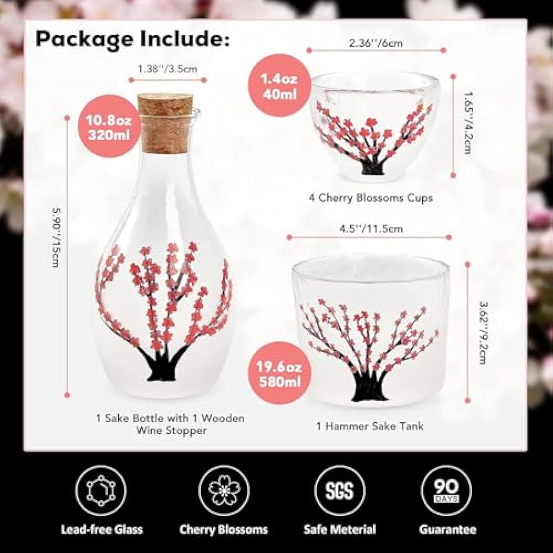 DUJUST Japanese Sake Set for 4, Handcraft Pink Cherry Blossoms Design, 1 Sake Bot