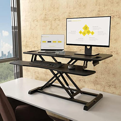 PUTORSEN 37.4 inch Standing Desk Converter, Height Adjustable Ergonomic Adjustable Sit Stand Desk Converter with 37.2 inch Keyboard Tray and Tablet Slot, Black
