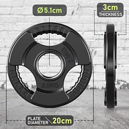 PhysKcal Olympic Weight Plates with Rubber Finish 2’’ Opening and Tri-Grips, Black Barbell Plates Discs for Lifting and Strength Training, Solid Cast Iron Core Weights Set for Barbell, 1.25kg - 20kg
