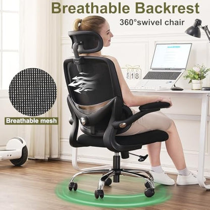 TONFARY Ergonomic Office Chair - High Back Mesh Design with Adjustable Lumbar Support, Flip-Up Armrests, Removable Headrest & 360° Swivel - Space-Saving for Home, Work, or Gaming - Black