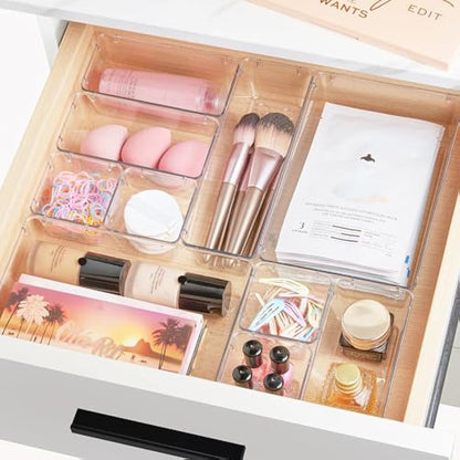 Vtopmart 28 PCS Clear Plastic Drawer Organizers Set, 4-Size Bathroom and Vanity Drawer Organizer Trays, Acrylic Storage Bins for Makeup, Cosmetic, Kitchen Utensils