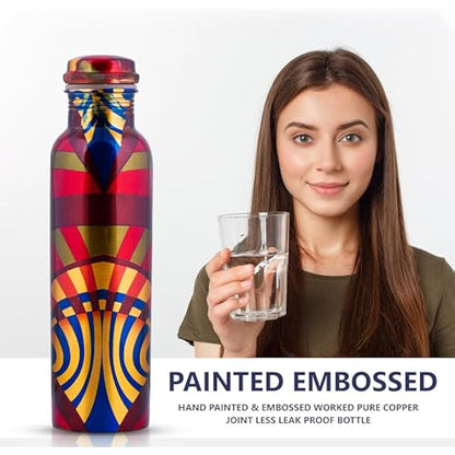 Craft Trade Printed Pure Copper Bottle with Lid and Carry Bag for Drinking Water BPA Free Leak Proof Boosts Immunity, Supports Digestive & Ayurveda Inspired 34oz - 1 Litre