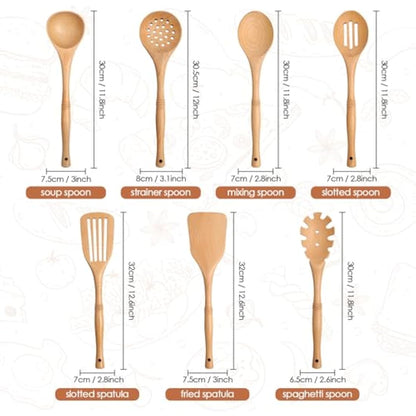 comfoyar Wooden Spoons for Cooking, 7 Pieces Kitchen Cooking Utensils Set with Spatula and Ladle, Heat Resistant Kitchen Cookware for Nonstick Pan-Beech