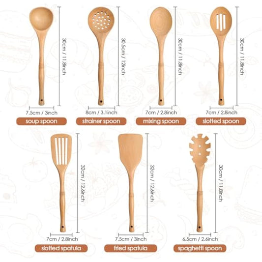 comfoyar Wooden Spoons for Cooking, 7 Pieces Kitchen Cooking Utensils Set with Spatula and Ladle, Heat Resistant Kitchen Cookware for Nonstick Pan-Beech