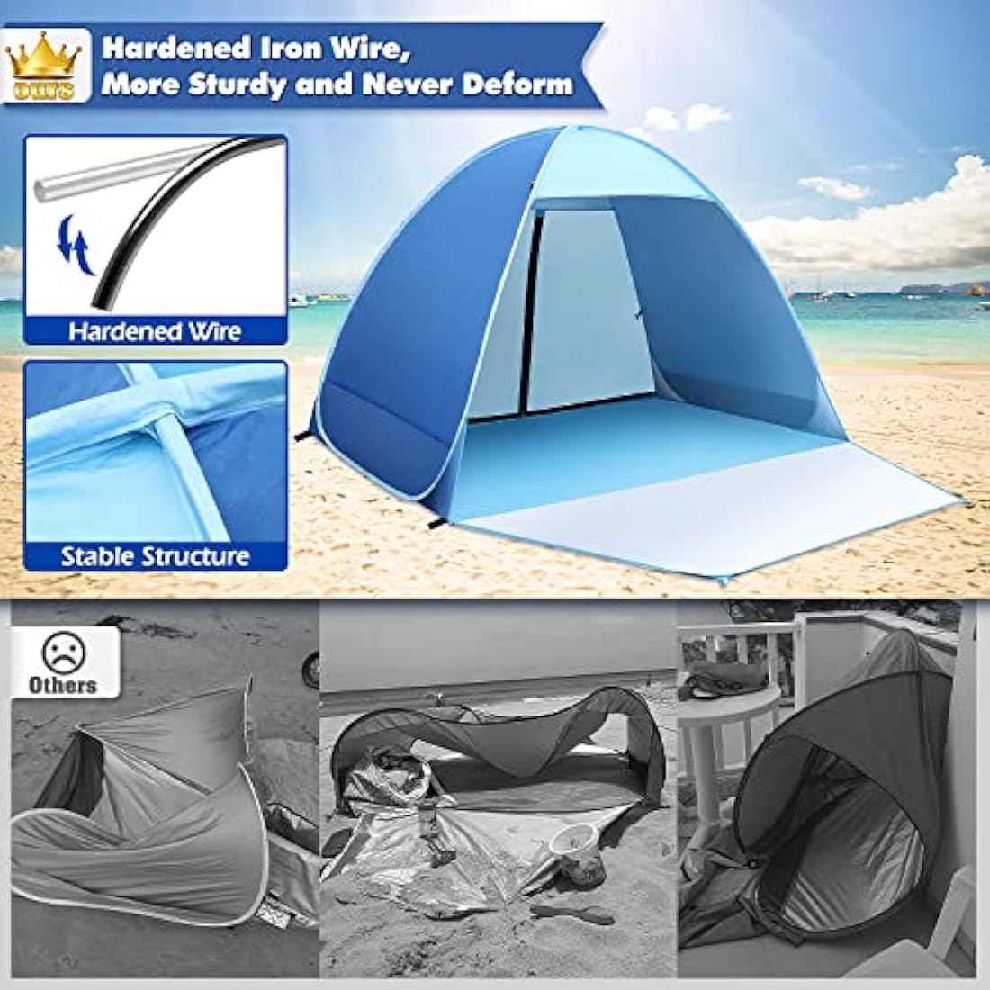 Pop Up Beach Tent, Beach Tent UV 50+ Protection Automatic Beach Tent Shelter Portable Sun Shade Tent with Front Extended Floor Zipper Back Door for Beach, Garden