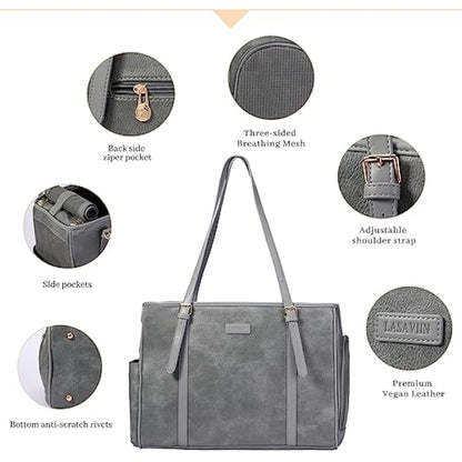 Lasaviin Fashion Dog purse Pet Carrier Leather Bag for Small Dogs Cats Puppy, Portable Tote Bag Airline Approved Soft-Sided Carriers (Grey)