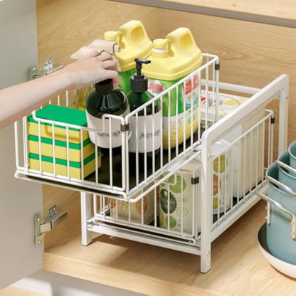 YunNasi Under Sink Storage 2-Tier Pull Out Sliding Basket for Cabinet Kitchen Cupboard Organiser Detachable Metal Storage Rack for Bathroom (Regular, WhiteWhite)