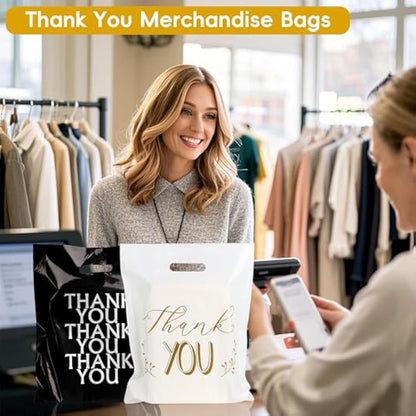 100 Pack Thank You Carrier Bags - 30x38cm Merchandise Retail Plastic Carrier Bags with Handles for Shopping, Gifts, Boutique, Stores, Business, Market Stall, Trade Shows, Wholesale (Black+ White）
