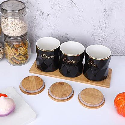 BTSKY Black Ceramic Sugar Coffee Tea Canisters with Lid and Tray - Airtight Set of 3 Storage Canisters Food Storage Containers Pots Jars with Bamboo Lid for Kitchen Counter