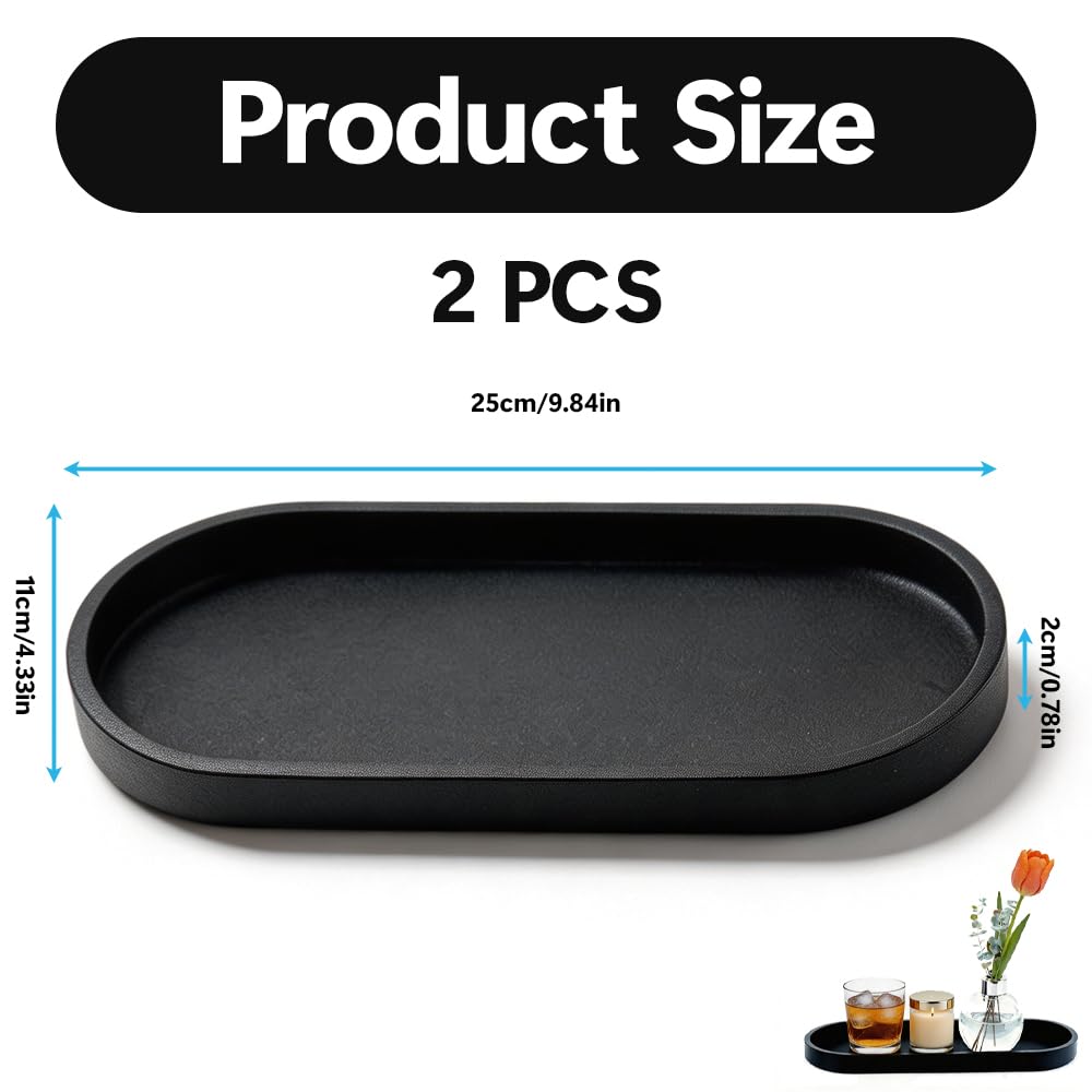 2 Pcs Bathroom Tray, Silicone Black Tray for Perfume, Non-slip Waterproof Oval Storage Soap Trays for Bath Kitchen Toilet Dressing Table Store Rings