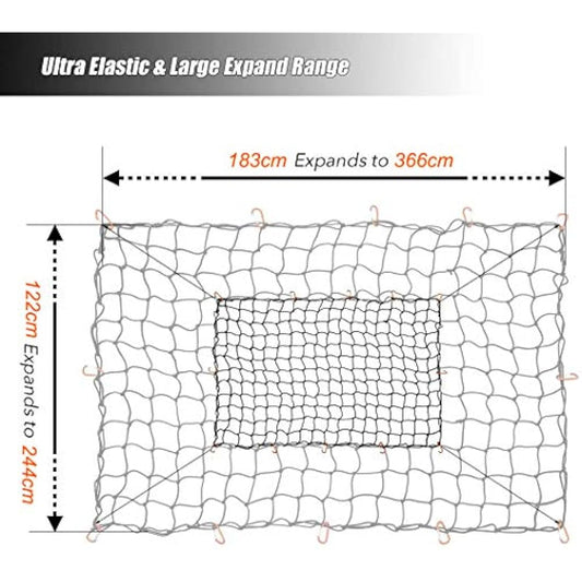 CZC AUTO Bungee Cargo Net 122x183cm Truck Bed Net Stretches to 244x366cm for Pickup Trailer RV SUV Boat | 10cm x 10cm Mesh Net Hold Small and Large |12 Tangle Free Carabiners | Super Duty