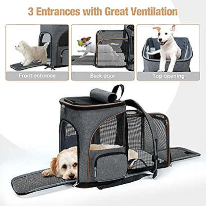 Lekesky Expandable Cat Carrier Backpack - Portable Breathable Rucksack for Medium and Small Cats & Dogs, Foldable with Inner Escape-proof Leash and Pet Mat, Supports 25 lbs (Grey)
