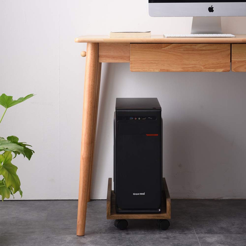 KIRIGEN Wooden CPU Stand PC Cart for ATX Tower, Adjustable Computer Tower Stand with Locking Caster Wheels, Solid Wood Mobile Desktop Case Holder