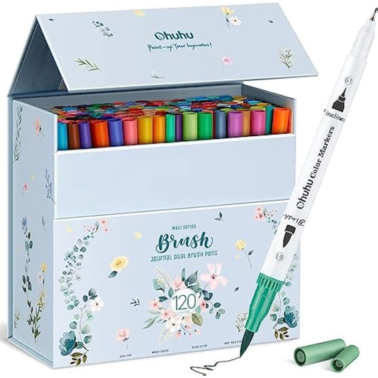 Ohuhu Colouring Pens, 120 Dual Tip Brush Fineliner Art Markers Felt Tip Pens Set with Case, for Kids and Adults Colouring Books Drawing Calligraphy Journal Sketching, Maui Series