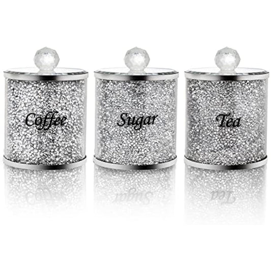 Cedilis 3 Pack Decorative Coffee Tea Sugar Canisters With Crushed Crystal Diamonds, Glass Food Storage Containers, Bling Kitchen Jar for Countertop Decor, Silver