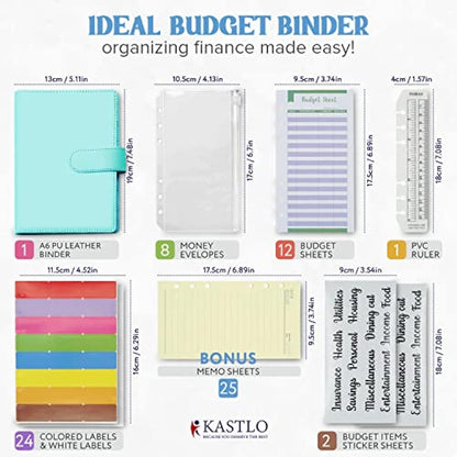 KASTLO A6 PU Leather 51pcs Budget Binder Planner - Money Saving Wallet with Plastic Money Wallet Organiser, Label Sticker, Ruler - Budget Planner & Cash Envelopes for Cash Stuffing Wallet UK - Green