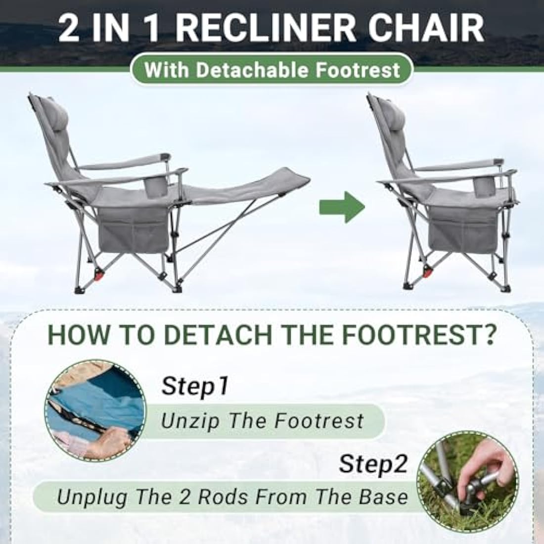 #WEJOY Camping Chairs Folding Recliner Chair Adjustable with Detachable Footrest Headrest Cup Holder Lightweight Portable Padded Reclining Camp Chair Fold Up Chair for Beach Garden,Grey Set of 2