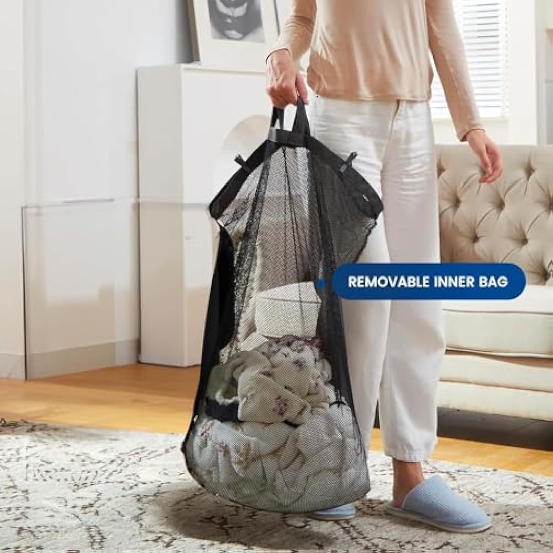 NUCAZA 145L Double Laundry Basket with Lid & Removable Laundry Bags, 2 Compartments Washing Basket for Light & Dark Clothes, Large Laundry Hamper, Collapsible Laundry Bin Storage Basket Black