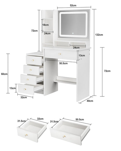 ZenkiHome Dressing Table with LED Mirror and Adjustable Lights, 90cm White Vanity Desk