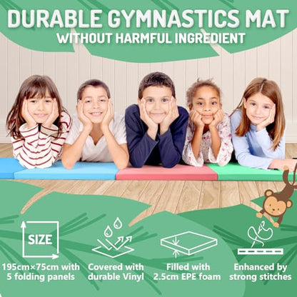 PhysKcal 5-Panel Folding Gymnastics Tumbling Mat with Carrying Handles, Thick Exercise Mat, Foldable Tumbling Mat for Kids, Padding for MMA,