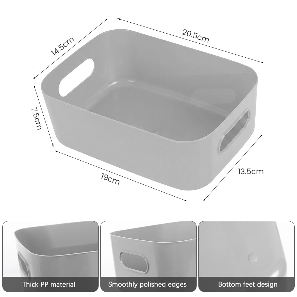 Plastic Storage Boxes,Storage Basket with Handles,21x14x7cm,Grey, Pack of 4
