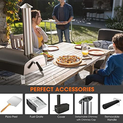 Mimiuo Outdoor Wood & Pellet Fired Pizza Oven for Garden, Black Coated Classic W-Oven Series with Pizza Stone & Foldable Pizza Peel
