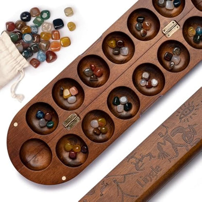 Deluxe Mancala Set: Real Wood Hinged Board with 48 Mixed Natural Gemstones - Authentic African Petroglyphs, Foldable Design for 2-Player Strategy Game