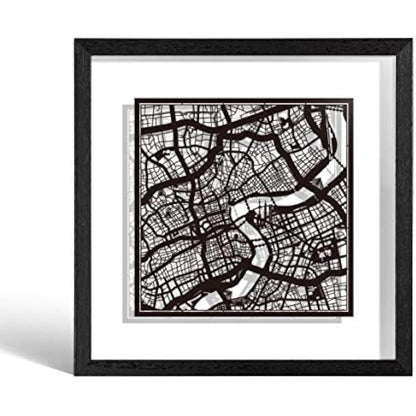 O3 DESIGN STUDIO Shanghai Paper Cut Map framed, Black map, Black frame, 9x9 inches, Gift Boxed, 2 background color, self-changing, Paper Art