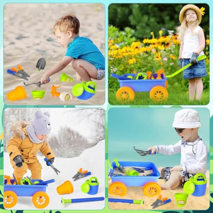 deAO Pull along Kids Wagon Wheelbarrow and Gardening Tools Play Set Includes 10 Accessories and 4 Plant Pots