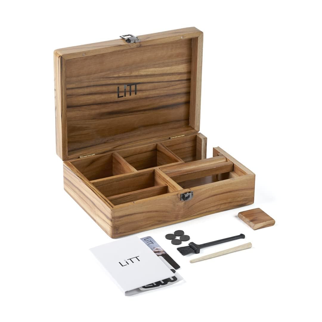 LITT Portable Teak Wooden Stash Box - Rolling Storage Set with Tray, Accessory with Lid - Discreet Secure Storage