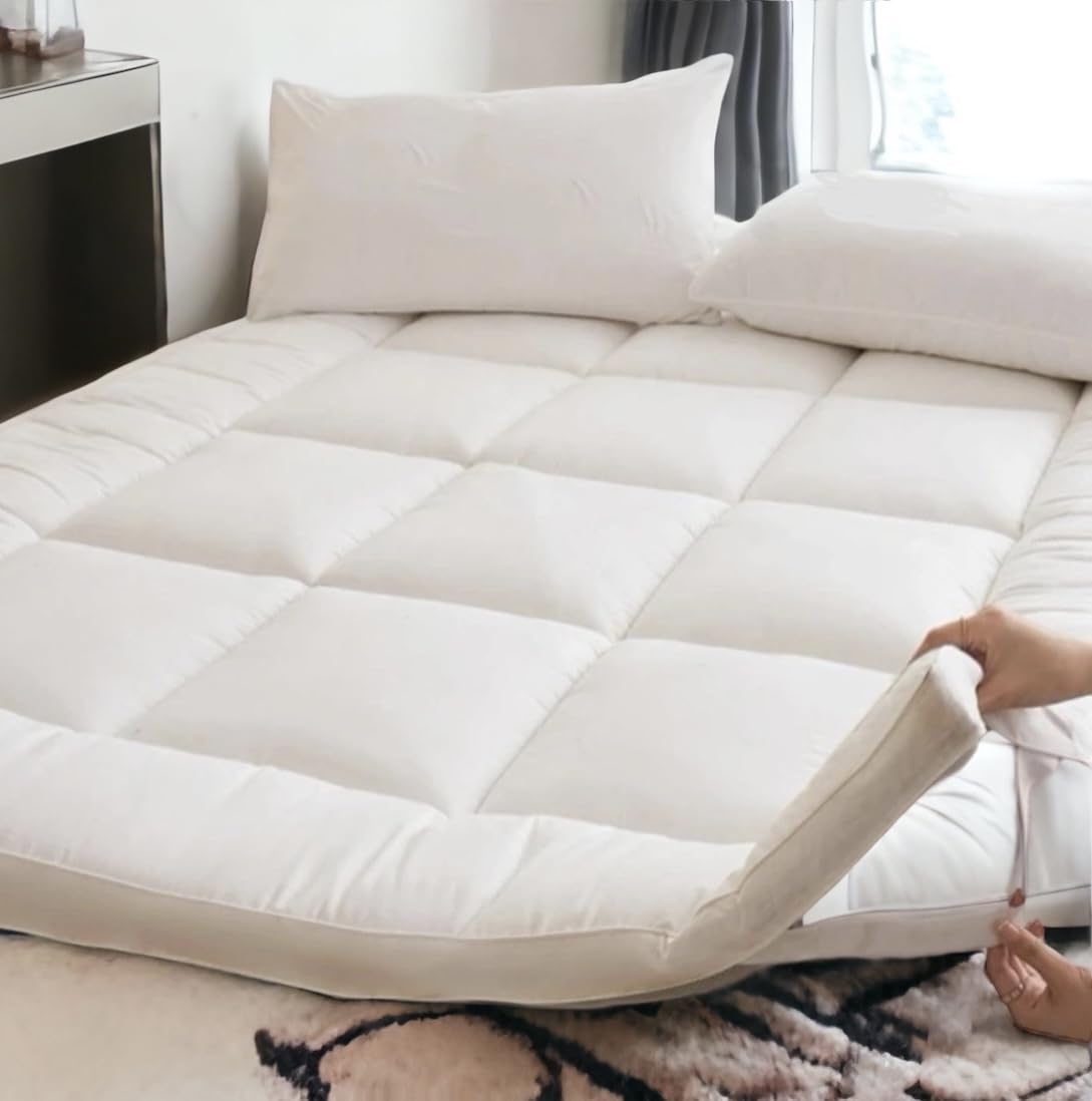 VL Mattress Topper King Size 10cm Thick Microfiber Quilted Fluffy and Soft Mattress Protector with Strong Corner Straps for Firm Grip WHITE (10cm