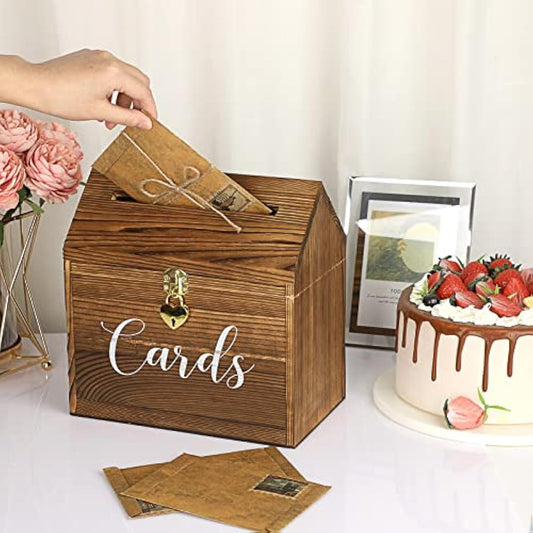 SUMNACON Wood Wedding Card Box with Heart Lock, Roof Type Birthday Card Organizer Holder Vintage Envelope Box for Wedding Birthday Party Reception (Vintage Wood)