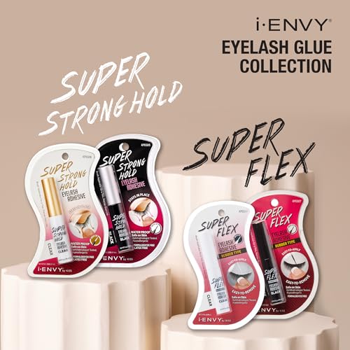 i•ENVY Super Strong Hold Eyelash Adhesive, Waterproof, 48-Hour Long-Lasting Lash Glue, Latex-Free, Hypoallergenic, Quick-Drying with Brush-On Applicator for Strip Lashes (Clear, 1 Pack)