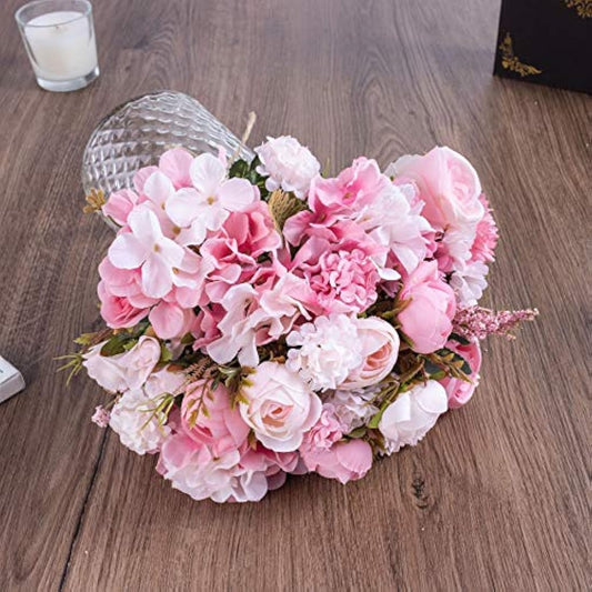 KELINGO Artificial LED Pink Rose Flowers with Glass Vase, Flower Arrangement for Table Centerpiece, Home Office Wedding Decoration