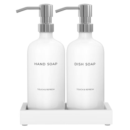 Kitchen Soap Dispenser Set with Tray - Hand and Dish Soap Dispenser for Kitchen,Modern Kitchen Decor & Accessories. Silver