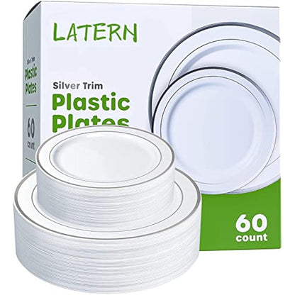 LATERN 60Pcs Multi-Use Silver Plastic Dinnerware Set, 30Pcs 26cm Dinner Plates + 30Pcs 19cm Salad Plates, Reusable Plastic Plates for Wedding Anniversary Garden Dessert Party