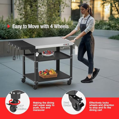 PARGRILL Outdoor Grill Dining Cart, 3-Tier BBQ Table, Movable Food Prep Table with Foldable Tabletop, Stainless Steel Pizza Oven Table with 4 Swivel Wheels, Multifunctional Grilling Table