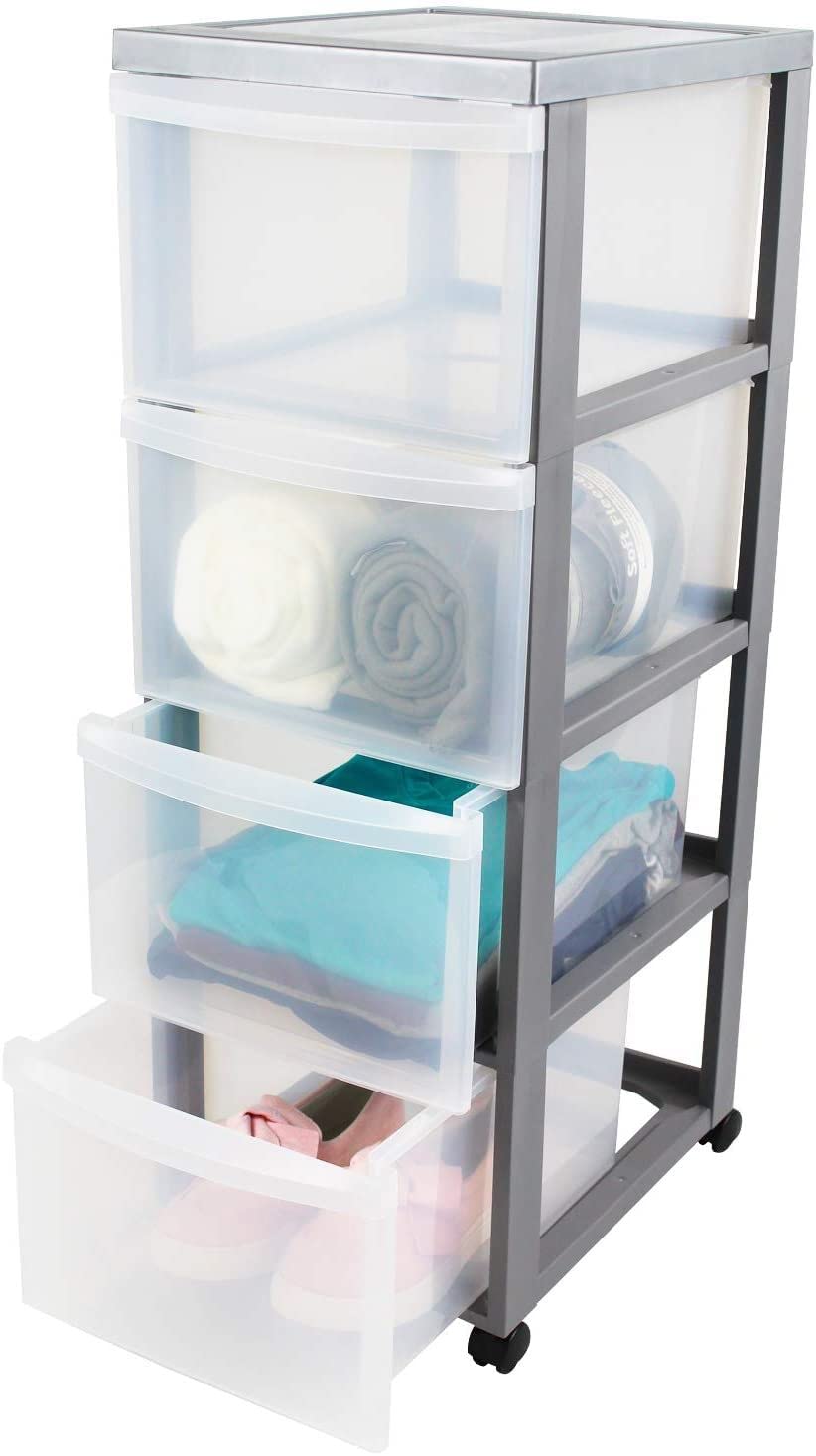 Iris Ohyama Plastic Storage Drawer Unit with Wheels, 4 Deep Drawers, Silver, Easy-Pull Handles, Supplies Organiser, For Bedroom, Bathroom, School &